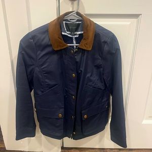 JCREW, Navy barn jacket, corduroy and floral detail on collar, Small Petite